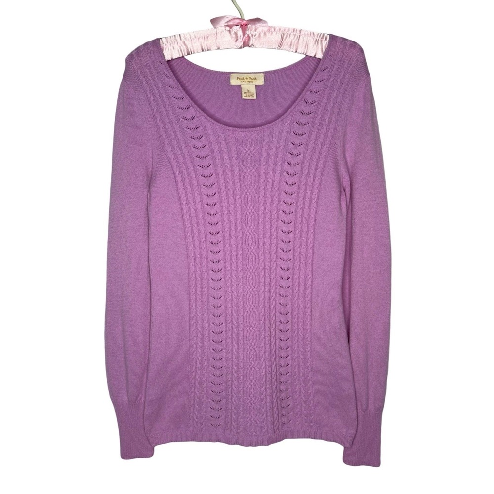 Peck & Peck 2 Ply 100% Cashmere M Sweater Lilac Cable Knit Lightweight Pullover